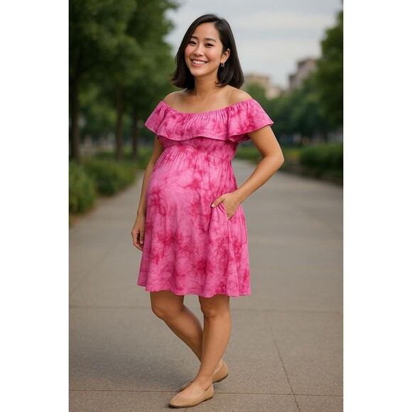 Ma Cherie XL Maternity Wine Pink Tie Dye Off the Shoulder Dress, - Picture 1 of 10